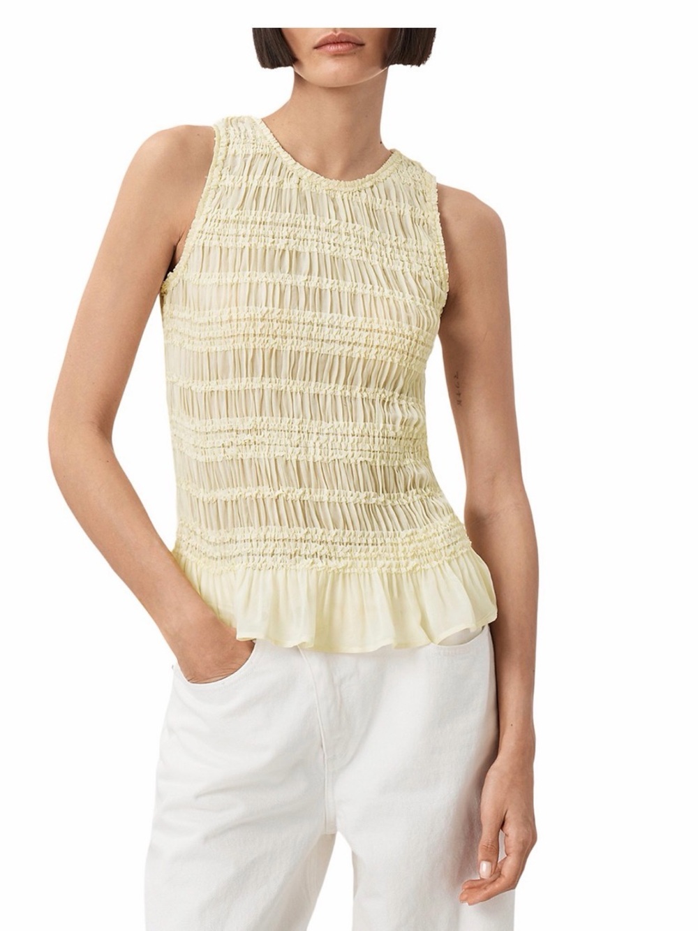 All Saints Sleeveless Smocked Ruffle Hem Top - Butter Yellow